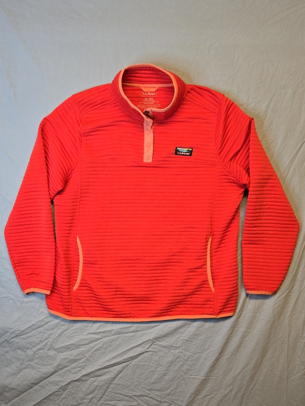 L.L. Bean Airlight Quilted Coral Red Quilted 1/4 Snap Down Pullover Sweater